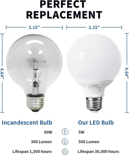 Miniatura 3 de Paquete de 4 bombillas LED de luz diurna para baño, equivalente a 120 V 60 vatios, base media E26, bombillas redondas no regulables, bombillas LED