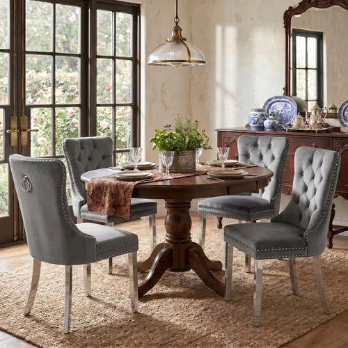 Miniatura 103 de SoarFlash Juego de 2 sillas de comedor de tela de lino, sillas de comedor tapizadas con ribete de cabeza de clavo y patas de madera de color claro