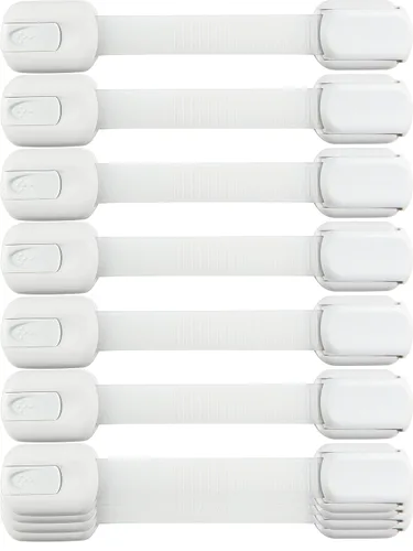 Miniatura 10 de Cerraduras de correa de seguridad para niños (paquete de 4) cerraduras para bebés para armarios y cajones, inodoro, refrigerador y más. Almohadillas
