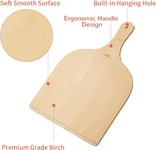 Miniatura 4 de G.a HOMEFAVOR Paquete de 2 cáscaras de madera para pizza, paleta de pizza de 12 pulgadas con mango de madera, espátula de pizza para hornear