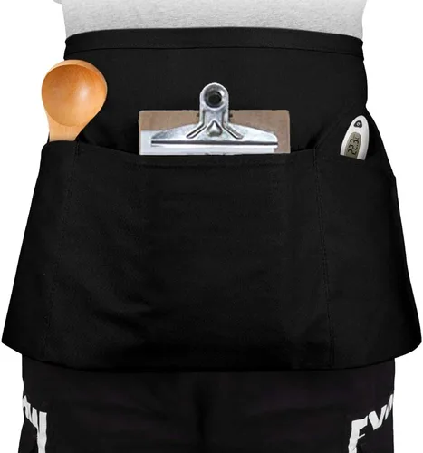 Miniatura 2 de TopTie Delantal de cintura para camarera con impresión personalizada con 3 bolsillos, mitad delantal de cocina de restaurante Negro