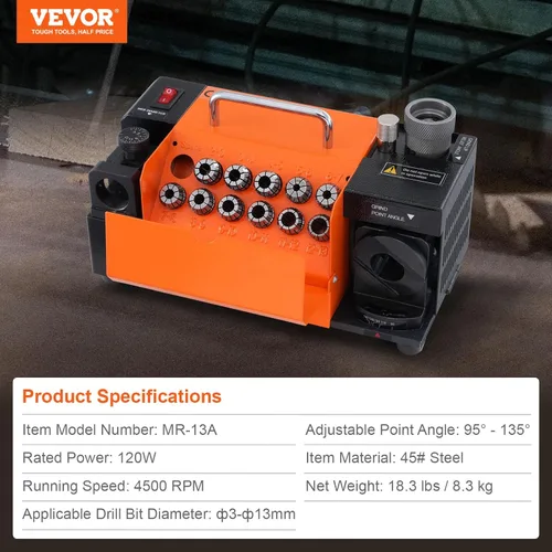 Miniatura 7 de VEVOR Afilador de Brocas, Afiladora y Rectificadora de Brocas MR-13A 3-13mm, Ángulo de Punta Ajustable de 95° a 135°, Afiladora Portátil de Brocas