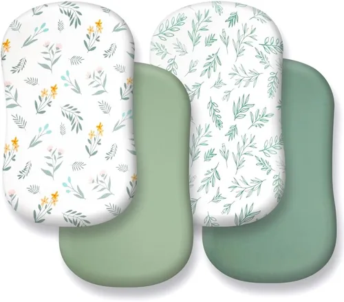 Miniatura 4 de Paquete de 4 sábanas bajeras ajustables de color verde salvia, transpirables, neutrales, unisex, para niños o niñas, con diseño de hojas y flores