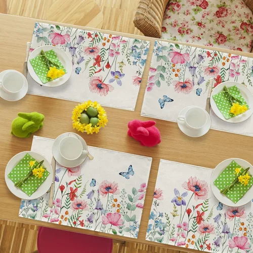 Miniatura 7 de Seliem Juego de 4 manteles individuales de flores de anémona de primavera, acuarela, rosa, floral, mariposa, comedor, decoración del hogar, cocina
