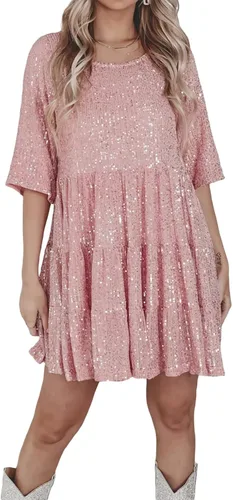 Vestido de lentejuelas brillantes para mujer, cuello redondo, manga corta, color sólido, suelto, con purpurina, vestido de muñeca de bebé, fiesta,