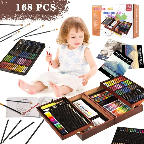 Miniatura 8 de KINSPORY Juego de 168 piezas de suministros de arte, set de arte de madera de lujo, kit de dibujo, pintura y colorear, 3 paquetes de blocs de Beige