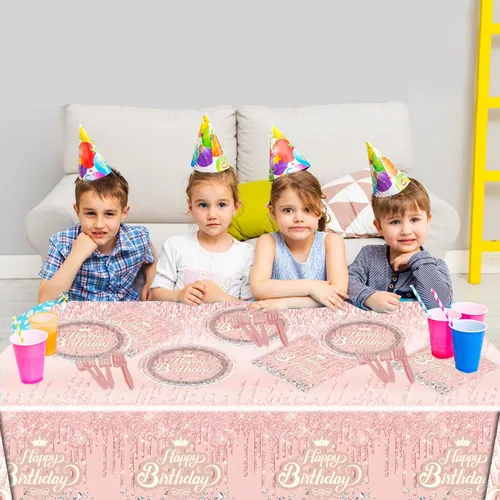 Miniatura 6 de Juego de vajilla de fiesta rosado oro rosa, tema de feliz cumpleaños rosado, 20 platos y 20 servilletas y manteles de 71'' x 42'' para niñas