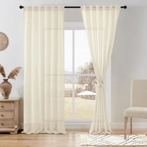 Miniatura 36 de DWCN Cortinas traslúcidas de lino floral, bolsillo para barra y pestaña trasera, cortina de mezcla de lino para dormitorio, sala de estar, cortinas