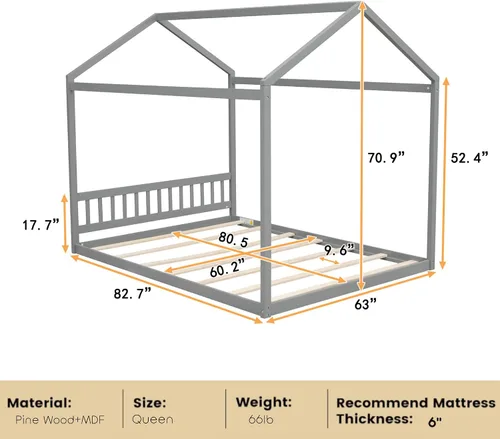 Miniatura 2 de Bellemave Cama de casa Queen con techo de madera, camas Montessori para niños, marco de cama de piso de madera para niñas, niños, adolescentes y Gris