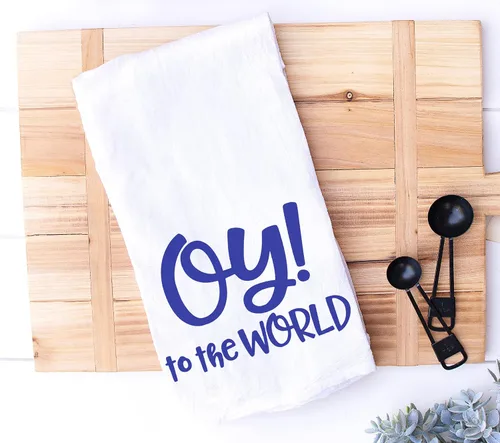 Toalla de cocina divertida para las festividades judías, azul "Oy to the World" toalla judía para Hanukkah, regalo de anfitriona y para inauguración