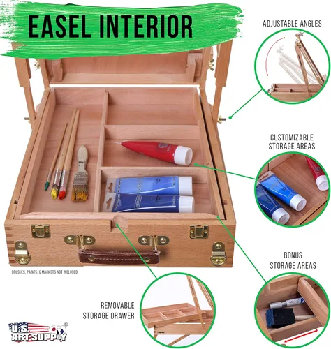 Miniatura 3 de U.S. Art Supply Caballete Francés Grande de Madera de Haya, Caballetes Ajustables Plein Air Caja de Bocetos Trípode para Campo y Estudio Caballete