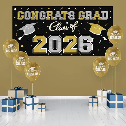 Miniatura 3 de Telón de fondo de plástico para fiesta de graduación 2026, 65 x 32.7 pulgadas, pancarta de felicitaciones graduadas en negro, decoraciones de clase