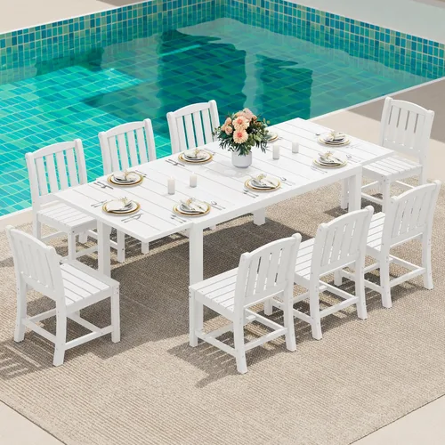Miniatura 21 de SERWALL Juego de comedor para exteriores de 9 piezas, mesa de comedor expandible de 60 a 83 pulgadas y 8 sillas de polietileno de alta densidad