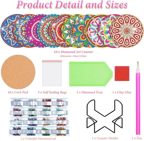 Miniatura 3 de Billbotk Kit de posavasos de pintura de diamantes, 10 posavasos de arte de diamantes con mandala, con soporte, manualidades y manualidades
