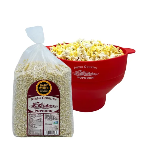 Amish Country Popcorn - Paquete de palomitas de maíz color blanco bebé (bolsa de 6 libras) y de silicona roja | Palomitas pequeñas y tiernas | El