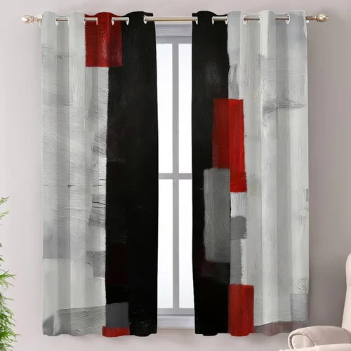 Miniatura 24 de Shrahala Beige and Orange Abstract Art Brushstrokes Blackout Curtain Tiers, Abstract Oil Paint Kitchen Valance Light Blocking Tier Drapes with Rod