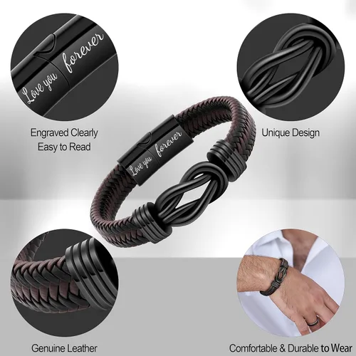 Miniatura 5 de Regalo para Hombres Pulsera Infinita para Hombres Papá Marido Novio Hijo Nieto Hermano Sobrino Tío Cuero Trenzado Marrón Siempre Unidos Acero