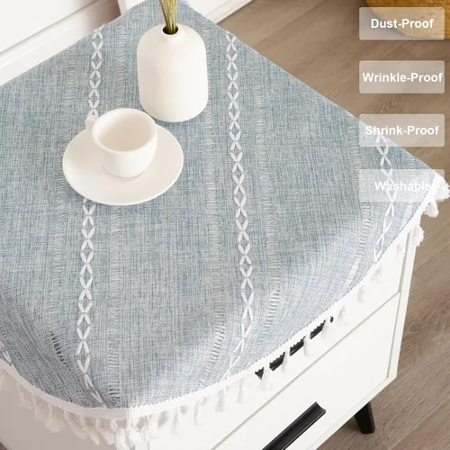 Miniatura 4 de Mantel Redondo Pequeño de Lino Rústico para Mesita de Noche con Rayas Bordadas Lavable Azul Cubierta de Mesa Estilo Granja con Puntadas y Borlas
