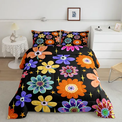 Miniatura 36 de Lindo juego de edredón de flores para niños y mujeres. Juego de ropa de cama de flores coloridas de dibujos animados, tamaño individual, bonito