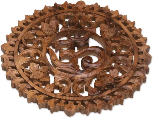 Miniatura 3 de NOVICA Panel de relieve de madera Om Corona floral hecho a mano