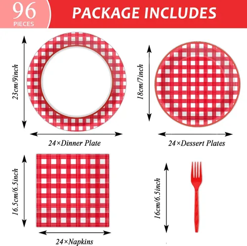 Miniatura 2 de Tevxj 96 PCS Platos de Fiesta de Pícnic Rojos y Blancos de Cuadros Vichy Vajilla de Fiesta Barbacoa Platos de Papel Desechables Servilletas