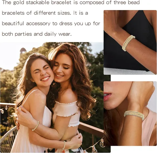 Miniatura 3 de Long tiantian Pulsera de cuentas de oro para mujer, pulseras apilables de cuentas doradas, pulsera elástica de 3 piezas, pulsera de cuentas