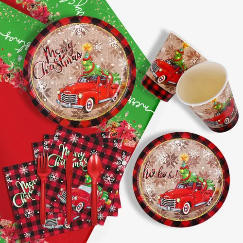 Miniatura 4 de Suministros de fiesta de Navidad, platos de papel desechables, servilletas, vasos, cuchillos, cucharas, tenedores, mantel para decoraciones