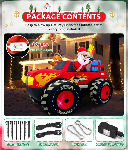 Miniatura 6 de EAONE Decoración inflable de Navidad de 7 pies para exteriores, Papá Noel inflable y renos en Monster Truck, decoración de patio inflable con luces