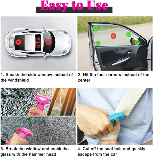 Miniatura 8 de SINSEN Martillo de seguridad para automóvil, rompe ventanas y cortador de cinturón de seguridad para mujeres, kit de emergencia en carretera, rosado