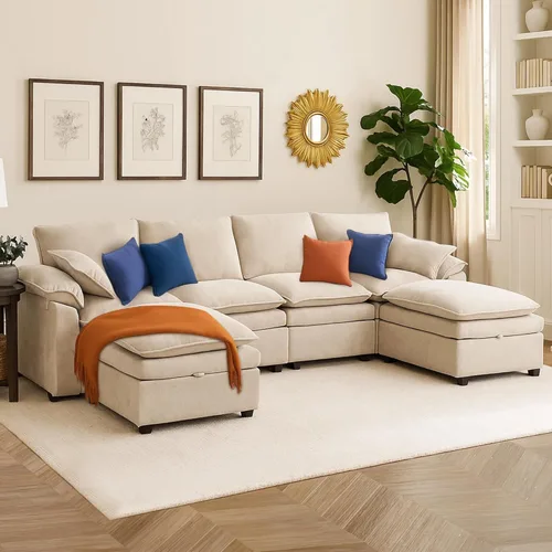 Miniatura 15 de Sofá Seccional Modular en Forma de L de 100", Sofá con Almacenamiento Otomano, Sofá Nube de Chenilla con Asientos Profundos y Mullidos para Sala