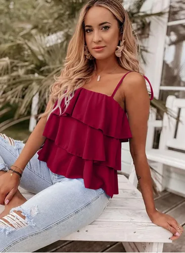 Miniatura 7 de KIRUNDO Camiseta sin mangas con tirantes delgados para mujer, de verano, con capas, con volantes, con lazo en el hombro, con vuelo, sin mangas