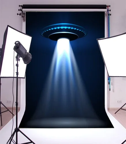 Miniatura 2 de Leyiyi Fondo de fotografía de 3 x 5 pies, telón de fondo de nave espacial OVNI Fiesta de Feliz Cumpleaños Avión Alien Luz Universo Viaje Espacio