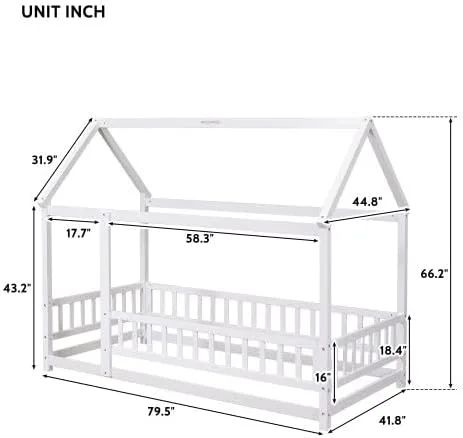 Miniatura 2 de Cama de suelo de tamaño individual con valla para niños pequeños, cama Montessori con techo de casa, marco de cama de piso de madera para niños