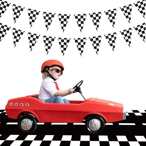 Miniatura 6 de Mantel de plástico de 3 piezas con dos decoraciones de cumpleaños rápido, con bandera a cuadros, funda de mesa desechable para niños