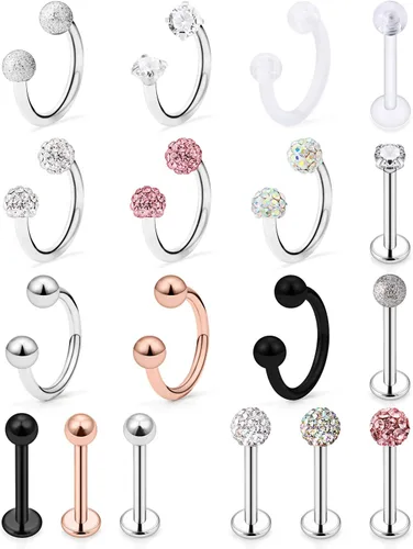 Hoeudjo 9 – 18 piezas 16G acero quirúrgico, anillo labial de cristal, barra de herradura para cartílago tragus, arete de aro hélix daith Septum;