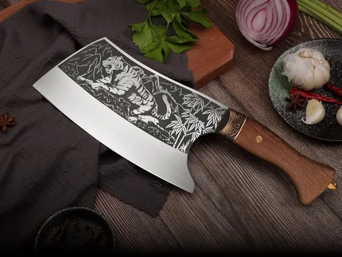 Miniatura 7 de TOMBRO Cuchillo de carnicero de 9 pulgadas, cortador de huesos resistente, forjado con funda para cortar carne, chef chino de acero al carbono ultra