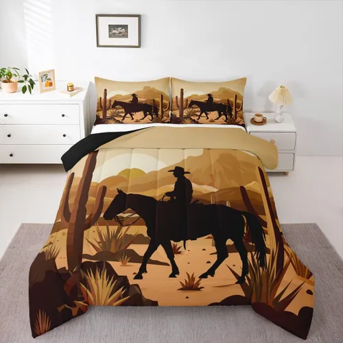 Miniatura 15 de Homewish Juego de edredón de vaquera occidental, tamaño individual, juego de ropa de cama de dibujo de cactus del desierto de caballo salvaje