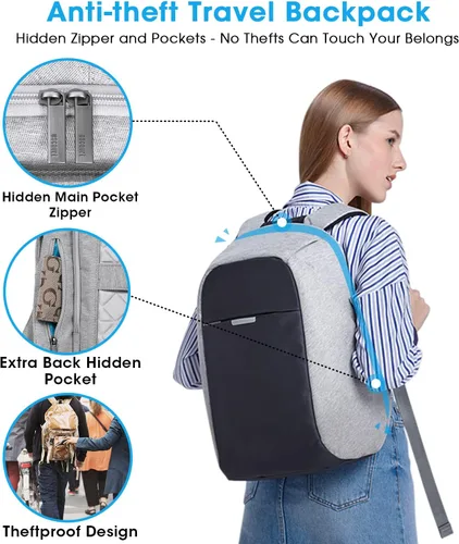Miniatura 2 de Mochila de viaje antirrobo portátil, mochila para laptop con puerto de carga USB., Negro