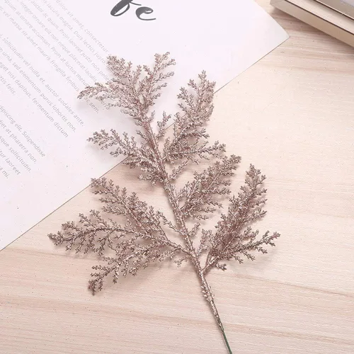 Miniatura 7 de DULRLLY 10 púas artificiales de hojas de Navidad, ramas de árbol de imitación doradas, adorno de árbol de Navidad, espray de hojas con purpurina