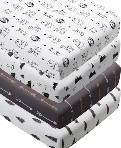 Juego de 4 sábanas bajeras para cuna con animales del bosque de madera, neutras, unisex, para bebés niños o niñas, de dibujos animados Blanco