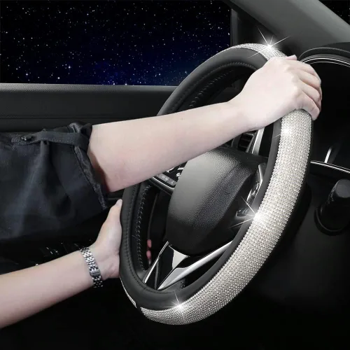 Miniatura 2 de Funda de volante de cuero con diamantes brillantes, fundas de volante rosas para mujeres y niñas con diamantes de imitación de cristal, accesorios