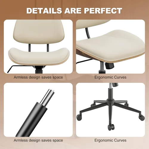 Miniatura 4 de Silla de Oficina sin Brazos con Ruedas, Silla de Escritorio de Cuero PU de Altura Ajustable - Silla de Computadora Ergonómica Giratoria de 360°