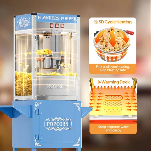 Miniatura 2 de ROVSUN Máquina de palomitas de maíz con carrito, ruedas y hervidor de 10 onzas que hace hasta 4 galones certificado ETL, máquina de palomitas de Azul