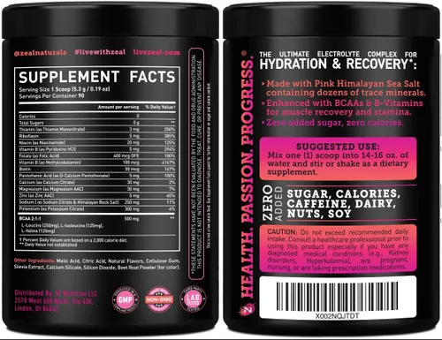 Miniatura 2 de Zeal Electrolyte Powder - 90 porciones Polvo de electrolitos Keto Cero azúcar, BCAA, vitaminas B Potasio, zinc, magnesio Bebida
