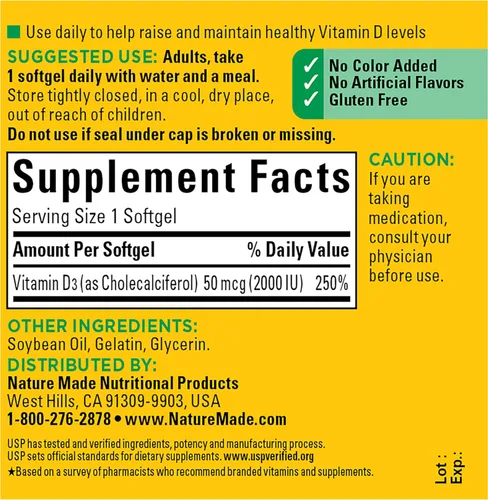 Miniatura 6 de Nature Made Vitamina D3 2000 UI (50 mcg), suplemento de vitamina D para el apoyo a la salud de los huesos, dientes, músculos y sistema inmunológico