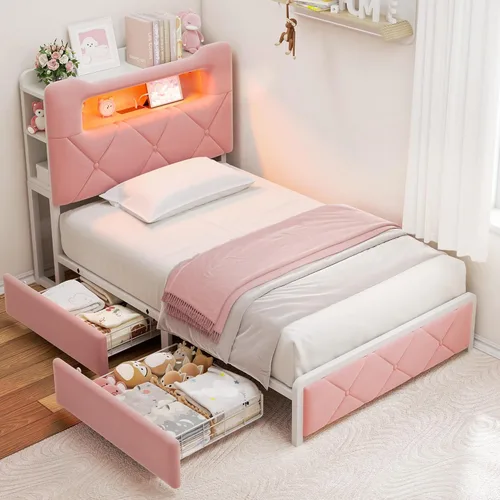 Miniatura 13 de Base de cama LED tapizada tamaño Queen con 2 cajones de almacenamiento y cabecera de almacenamiento de 2 niveles, cama de plataforma de terciopelo