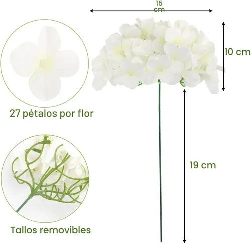 Miniatura 3 de JPSOR 40 cabezas artificiales de seda de hortensias con tallos, flores falsas para el día de la madre, boda, centro de mesa, hogar, jardín, Blanco