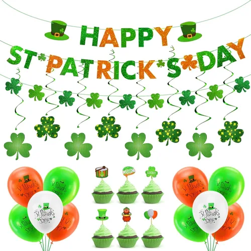 Miniatura 4 de AhfuLife Decoraciones del día de San Patricio, 60 piezas de decoraciones colgantes de trébol, guirnalda de trébol verde para suministros de fiesta
