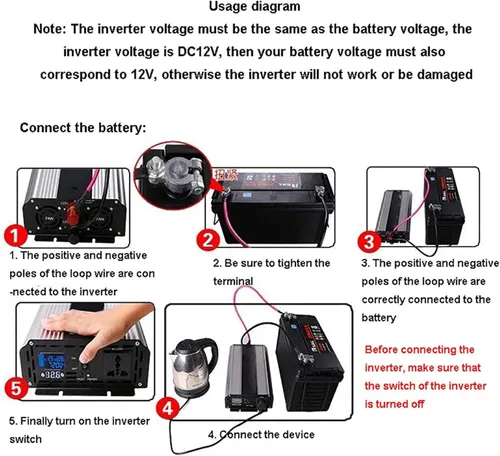 Miniatura 3 de Inversor de onda sinusoidal pura de 12 V a 220 V, 3000 W-6000 W, convertidor de potencia máxima de CC a CA con pantalla LCD, para automóvil, barco