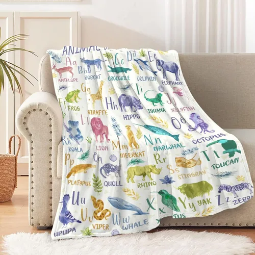 Miniatura 26 de Manta de franela con diseño del alfabeto de animales, súper suave, ligera, para niños, adultos, adecuada para sofá, cama, campamento, viajes, todas